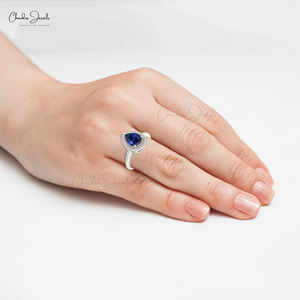 มาใหม่8x6มม. แหวนพลอยตัดลูกแพร์สำหรับผู้หญิง14K แข็งทองแท้ไพลินและแหวนเพชรฮาโล - Product Image 3