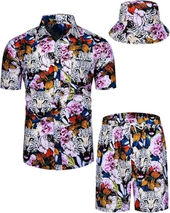 Mens 3-Piece Vintage Style <b>Hawaiian</b> Outfit Shirt <b>Shorts</b> Bucket Hat Custom Floral Breathable Beachwear for Summer Party Holiday - Product Image 1