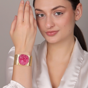 Bán buôn phụ nữ của Hồng <span class=keywords><strong>drusy</strong></span> mã não Cuff Vòng đeo tay | 18K vàng mạ đồng bezel thiết lập đồ trang sức đám cưới - Product Image 5