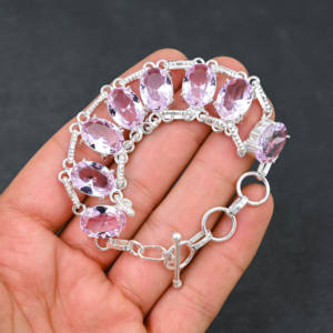 สร้อยข้อมืออัญมณี kunzite สีชมพูสร้างจากนักออกแบบสร้อยข้อมือเงินสเตอร์ลิงชุบทำด้วยมือสไตล์โซ่สำหรับงานแต่งงานสุดหรู - Product Image 1