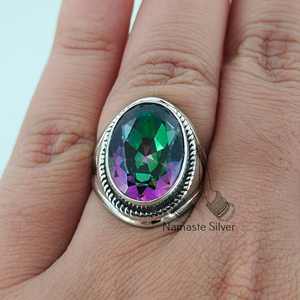 Mystic Topaz Oval Handmade <b>Statement</b> <b>Ring</b> for Women Sterling <b>Silver</b> Gemstone Jewelry Rhodium for Birthday Christmas Gift - Product Image 1