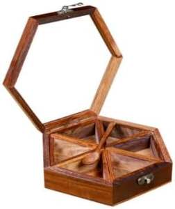 Caja de especias con forma hexagonal de madera marrón hecha a mano con tapa de vidrio transparente Caja Masala y cuchara 6 contenedores - Product Image 2