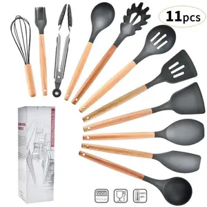 Turner Tongs Spatula Spoon Brush Whisk Wooden HandleGadgets Silicone Cooking Utensils Kitchen Utensil Set