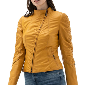 Women's Stylish Yellow Vintage Zipper Design Leather <b>Jacket</b> Custom Plus Size Cotton Breathable Fashionable OEM PU Leather for - Product Image 1