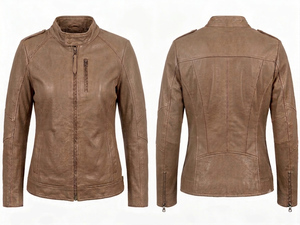 Custom Women Light Brown Mud color Sheep Nappa Leather Moto Biker Jacket Antique Brass Hardware Tassel Zipper <b>Puller</b> Slim Fit - Product Image 4
