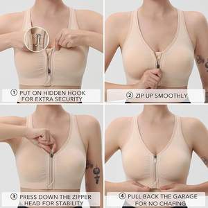 Sujetadores deportivos con cremallera frontal para mujer, sujetadores atléticos de soporte medio con espalda cruzada acolchada inalámbrica para ejercicio de Yoga, transpirables sólidos - Product Image 3