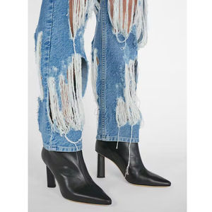 <b>Women's</b> New Summer Luxury Style Baggy Straight Casual Jeans Full Length Ripped Denim Pant Elastic <b>Ankle</b> Length Solid Color Pants - Product Image 2