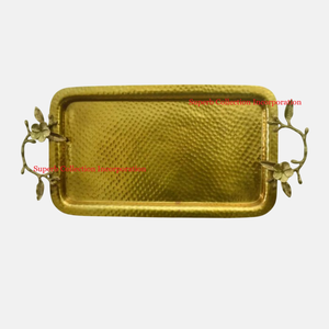 Plateau de service de luxe en acier inoxydable de qualité avec poignée florale Snacks Dessert Server Ware Plateaux Accessoires pour hôtels Fournitures - Product Image 4