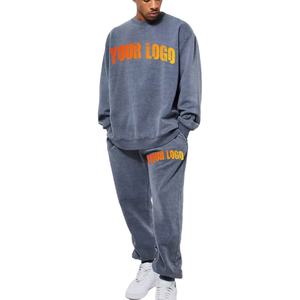 Vêtements de sport personnalisés OEM pour hommes : Ensemble de survêtement délavé au soleil avec sweat-shirt à col rond et pantalon de jogging pour la course - Product Image 1