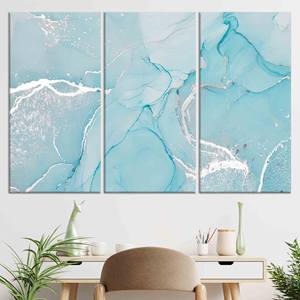 Tableau imprimé sur toile : encre alcoolisée bleue, motif marbré argenté, lot de 3 toiles - Product Image 1