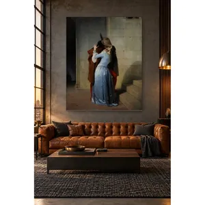 Fida Francesco Hayez Le baiser sur l'escalier Femme en robe de satin bleue Impression sur toile - Product Image 2