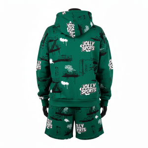 Ensemble de sweat-shirt et short en molleton de coton et polyester de qualité supérieure 320 GSM pour femmes, vert, streetwear urbain, imprimé sur toute la surface, logo personnalisé pour femmes - Product Image 6