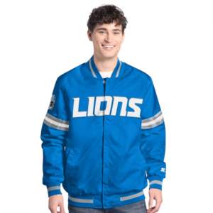 เสื้อแจ็คเก็ตวาร์ซิตี้แบบติดกระดุมเต็มตัว รุ่น Custom Team Letterman สีน้ำเงิน Detroit Lions Scout สำหรับผู้ชาย สไตล์เสื้อเบสบอลวิทยาลัย - Product Image 1
