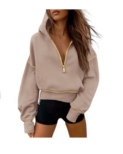 Jersey de invierno de manga larga personalizado para mujer, Sudadera con capucha recortada con media cremallera y logotipo de tela tejida estampado estilo Streetwear en la parte delantera - Product Image 1