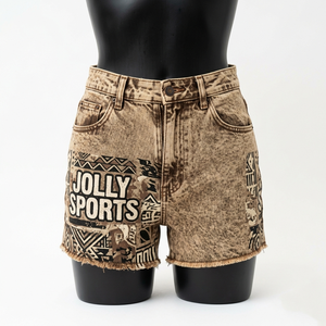 Shorts de mezclilla premium beige para hombre, 380 GSM, algodón grueso, dobladillo sin rematar, estilo urbano, con logo estampado, shorts de mezclilla con lavado ácido para mujer - Product Image 1