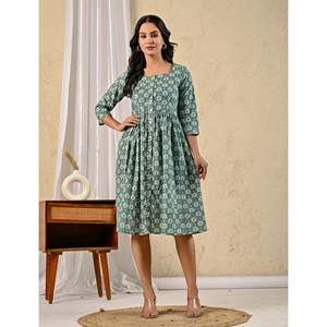 Robe en coton imprimée à la main Green Jaal, décontractée et élégante, longueur genou, col carré, boutons sur le devant, tailles XS à 5XL, respirante - Product Image 3