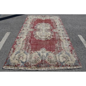 พรมตุรกีวินเทจสีแดงสีเบจ5.7 X 9.4ft พื้นที่ขนาดใหญ่งานเย็บปะทำจากขนสัตว์ออกแบบสำหรับห้องโถงหรือห้องนอน - Product Image 1