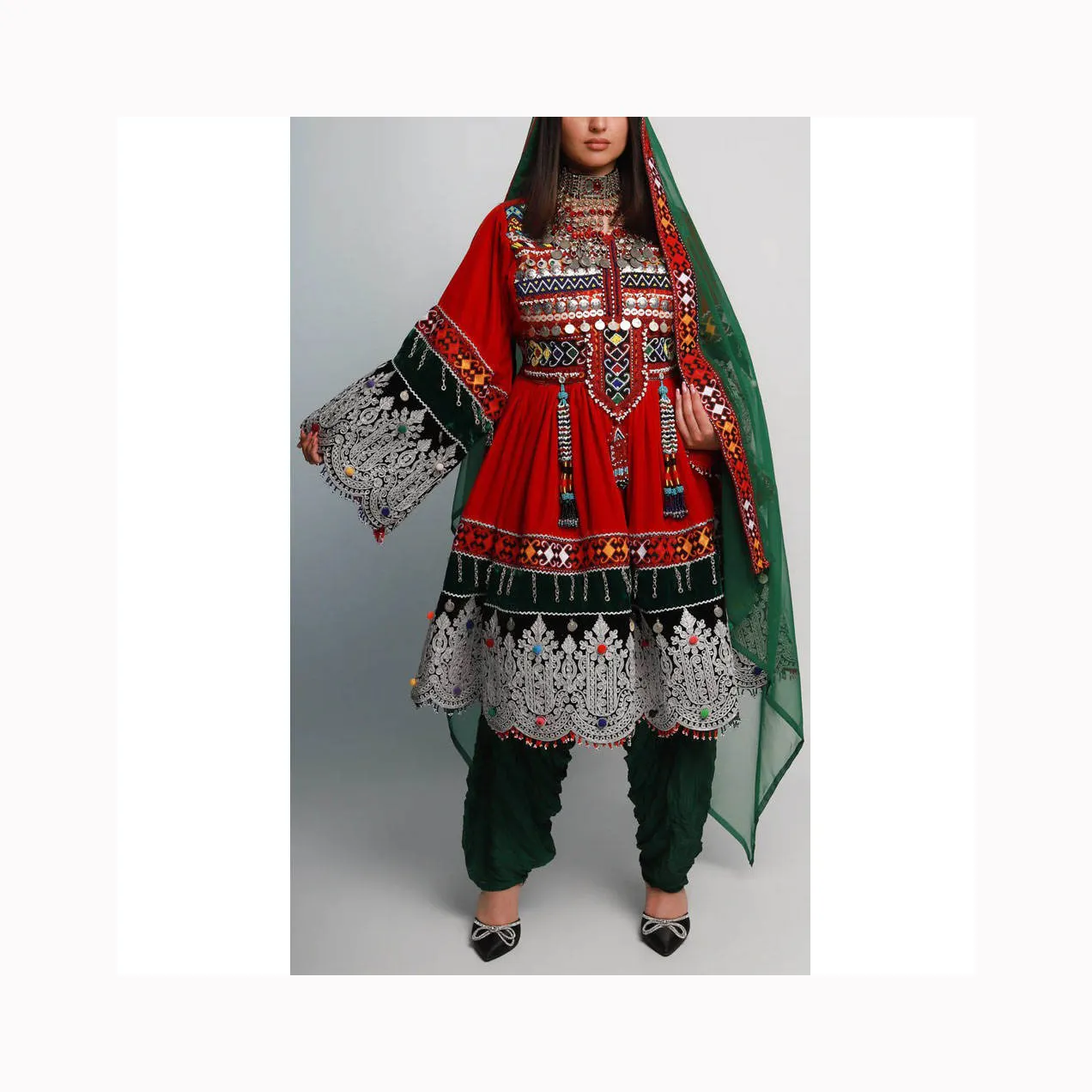 Vintage Afghani Kuchi-Jurk-Tribale Kralen Met Muntkwastjes Jurk-Kuchi Indiase Traditionele Balochi-Jurk