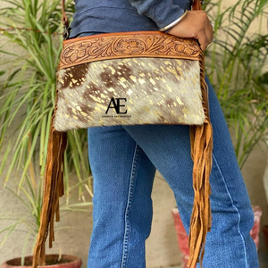 Stylish Vintage Women's Hand Tooled Fur Leather Fringe Crossbody Shoulder Bag Fashionable Handmade Carved Tooling Zipper <b>Nylon</b> - Product Image 1