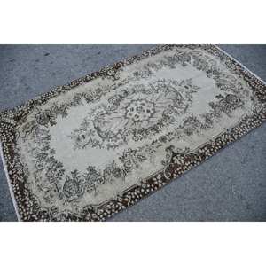 Tapis traditionnel en laine marron beige 3.8x6.8 pieds fait à la main Design patchwork turc pour entrée couloir salon utiliser Latex - Product Image 4