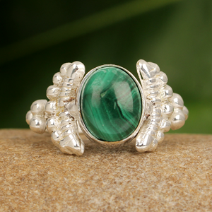 Anneaux en malachite naturelle de conception incroyable, forme ovale de 8x10 mm, argent sterling 925, style bohème, fait à la main, cadeau de Noël pour elle - Product Image 1