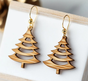 Pendientes de aro con incrustaciones de diamantes vintage, árbol de Navidad cortado con láser de madera, patrón de planta cristiana religiosa, religiosa de moda - Product Image 1