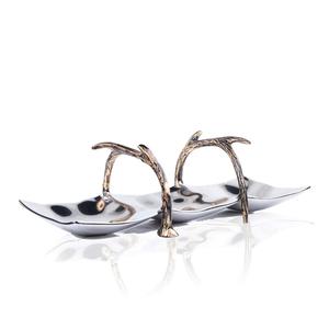 Plateau de service à fruits secs A.H Decorative Luxury à 3 compartiments, finition argentée brillante, détails dorés antique, poignée en bois de cerf pour la maison - Product Image 1