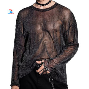 Rhinestone Shiny Sheer <b>Tops</b> See Through High Quality 100% Polyester <b>Glitter</b> Mesh Tee Oversize Rhinestone <b>Black</b> Shirt <b>Tops</b> - Product Image 1