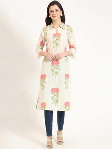 Ivory <b>Pink</b> Women's Floral Printed Cotton Kurti Full Sleeves Ethnic Office Wear Casual Salwar Kameez Wholesale From India - Product Image 4