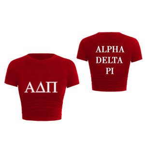 Vente en gros Streetwear femme décontracté avec impression personnalisée Haut court Alpha Delta Pi Chemises Trou Détail Spandex Respirant à la mode - Product Image 1