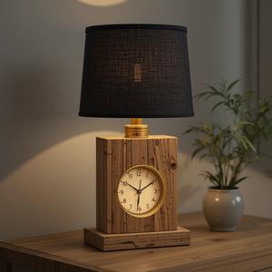 Lámpara de mesa de madera maciza, lámpara de reloj, lámpara de noche de madera hecha a mano, reloj, decoración de escritorio de madera - Product Image 2