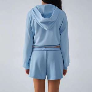 Conjunto corto y Sudadera con capucha deportiva recortada con cremallera completa de forro polar de algodón personalizado de alta calidad para mujer - Product Image 6