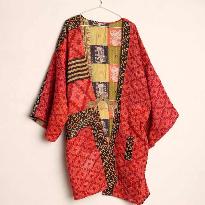 Kimono Veste Brodé Kantha – Marque Iconic Tribu – Couleurs Orange Et Beige – Neuf Avec étiquettes