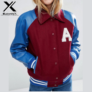 ELEVATEX INTERNATIONAL Women's Varsity Jacket Maroon Blue PU Leather Sleeves Letter A Embroidered Front Turn-down Collar - Product Image 2