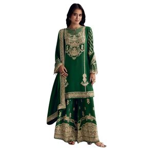 Verde scuro stampato crêpe Palazzo vestito con scollatura buco della serratura all'ingrosso donna abbigliamento etnico OEM fabbrica fornitore alla rinfusa - Product Image 1