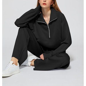 Tenues salon ensemble 2025 surdimensionné demi fermeture éclair sweat femmes 2 pièces coton jambe large pantalons de survêtement ensemble survêtement survêtement - Product Image 6