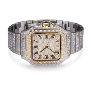 Montre en acier inoxydable plaqué or 14 carats avec moissanite bicolore glacée - Product Image 1