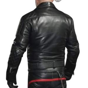 Esta es una chaqueta de uniforme de motociclista de cuero genuino de vaca negro con paneles acolchados en los hombros y los brazos. - Product Image 4