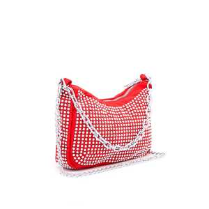 Rouge P36115 Vintage Bohème Sac À Bandoulière Simple Rayé Zip En Cuir Véritable Chaînes Diamants Perles pour Été Formelle Dame - Product Image 2