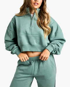 Conjunto Deportivo de Moda, 100% Algodón, Sudadera Corta con Capucha y Media Cremallera para Mujer, Pantalones Acampanados de Secado Rápido, Personalizable para Primavera - Product Image 5