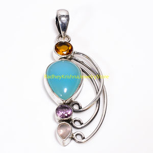 Colgante de Plata de Ley 925 con Múltiples Piedras Preciosas, Calcedonia Azul, Citrino, Amatista y Cuarzo Rosa, Joyería Hecha a Mano - Product Image 4