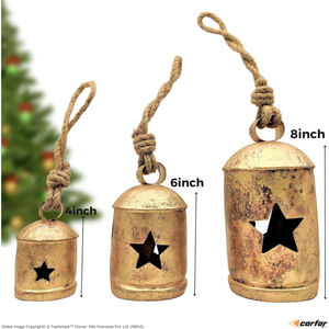 Diseño antiguo Color dorado Metal Festivo Campana de Navidad Color dorado Juego de 3 Diseñador hecho a mano Aspecto atractivo con mango de cuerda - Product Image 2