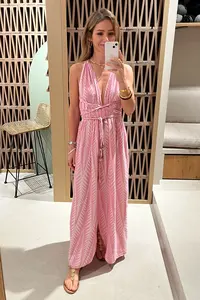 2025 elegante vestido Maxi de verano sin mangas para mujer Floral nuevo estampado vacaciones más señoras cuello en V señoras espalda descubierta vestido largo Maxi - Product Image 3