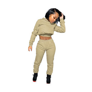 Conjunto de Sudadera con capucha de lana para mujer de alta calidad 100% Logo personalizado Pullover Crop Top Conjunto de Sudadera con capucha de dos piezas - Product Image 1