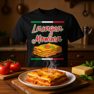 T-shirt Lasagna Momma Italiana per adulti unisex nera con design grafico a tema cibo - Product Image 3
