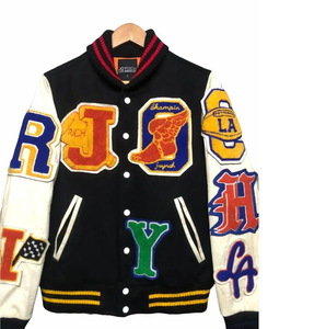 Veste de baseball universitaire personnalisée en laine avec manches en cuir brodées / logos en chenille - Product Image 2