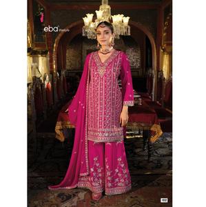 ชุดซาลวาร์จากนักออกแบบที่มีรูปลักษณ์ที่หนักหน่วงพร้อมผ้าชิรอนด้านบนด้านล่างและผ้าลายจีนสำหรับงานเย็บปักถักร้อย - Product Image 1