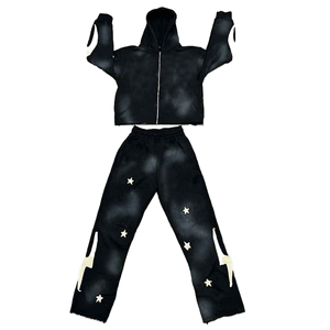 Sweat-shirt à capuche court et pantalon évasé avec logo personnalisé imprimé bouffant hommes dessin élastique 100% survêtements de jogging respirants en coton - Product Image 2