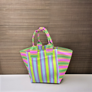 Bolsa de compras de nailon ecológica a rayas personalizada, bolsas de aseo cosméticas con cremallera reutilizables, bolsa de viaje tejida para la playa, etiqueta con el logotipo - Product Image 6