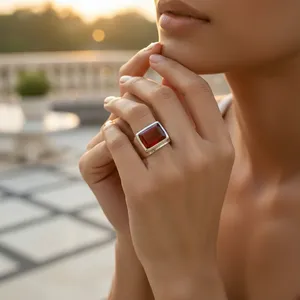 Bague en argent 925 avec cornaline pour homme, style bohème vintage, bijoux imposants, design incrusté doré, tendance chrétienne, à la mode - Product Image 2